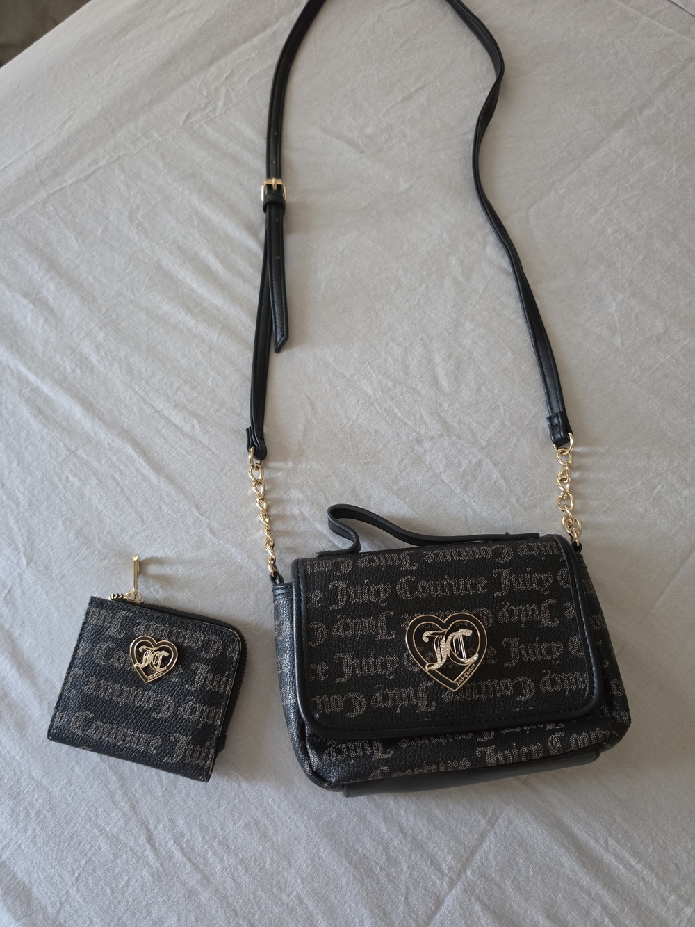 Juicy Couture Black Logo Heart Crossbody and Wallet Set with Gold Hardware